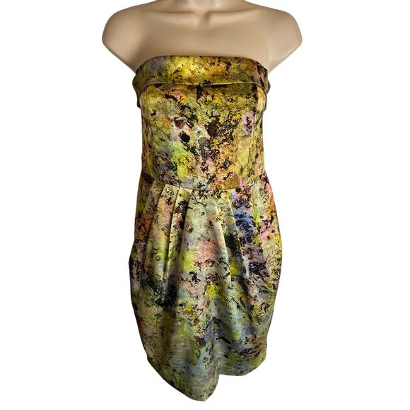 McGinn Womens Cocktail Dress Green Satin Strapless Watercolor 6 Pockets Pleated - Picture 6 of 11